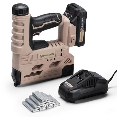 WOODSTARTER Cordless 2-in-1 Brad Nailer (Battery & Charger), 18GA Nails (5/8-1-1/4) & Staples (5/8-1), 6-Level Depth Adjustment, LED Light, Safety Lock, 2000 Nails Included, 4.4Lbs Lightweight