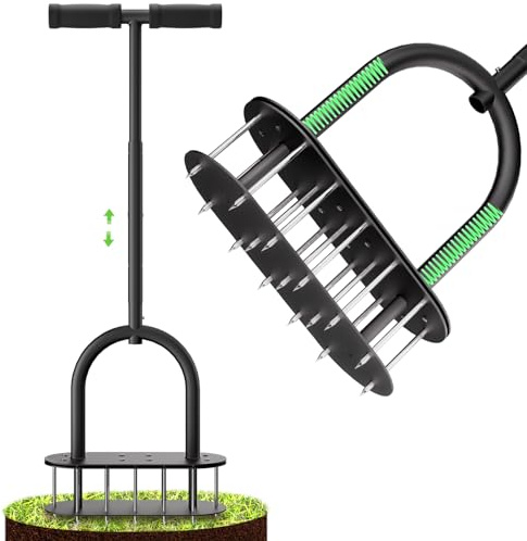 seasky Lawn Aerator Automatic Dirt and Leaf Clean Design,Pre-Assembled 15 Iron Spikes Metal,Soil Lawn Aerating Tools for Yard Lawn and Garden, lawn aerator spikes aerating tool