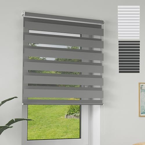 XMTECH Doppelrollo Klemmfix ohne Bohren Grau 70x120 cm – Zebra Rollo lichtdurchlässig & verdunkelnd, Duo Rollo Klemmrollo für Fenster & Türen, modernes Seitenzugrollo Sonnenschutzrollo