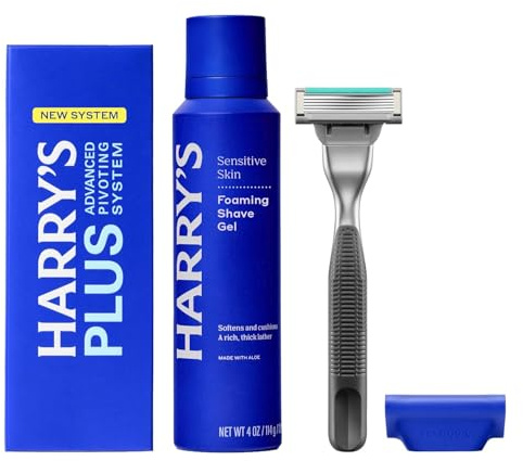 Harry's Plus Trial Shaving Kit for Men - Premium Handle, Razor Blade Cartridge, Foaming Shave Gel, and Travel Blade Cover - Advanced Pivoting System - Onyx