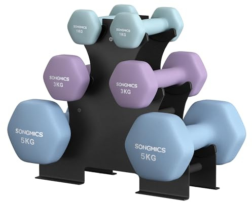 SONGMICS Hex Dumbbells Set with Stand - 2 x 1 kg, 2 x 3 kg, 2 x 5 kg, Neoprene Matte Finish, Hand Weights for Home Exercise, Aqua, Ash Purple, and Pale Blue SYL618PZ02