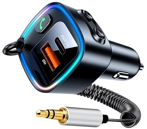 Ricevitore Bluetooth per Auto Aux 5.4, Jack AUX 3,5 mm, Ricarica Rapida 42W (PD 30W & QC 12W), Supporta Chiamate in Vivavoce, Musica Hi-Fi RGB, Luce LED, Compatibile con Smartphone e Auto