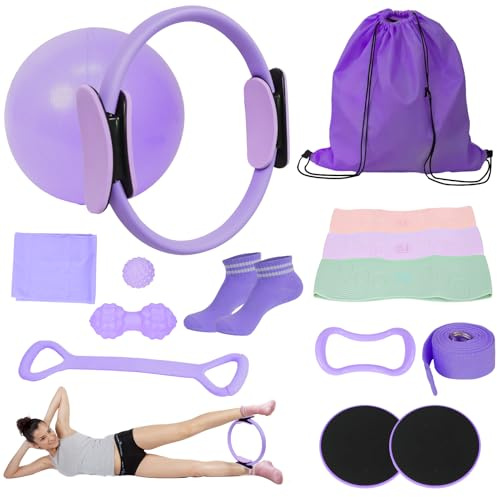 LZDMY Pilates Equipment Pilates Ring Kit 15 PCS with 11.8'' Magic Circle, Mini Yoga Ball, Resistance Bands, Grip Socks, Pilates Kit for Women, Starter Workout Essential for Home Fitness