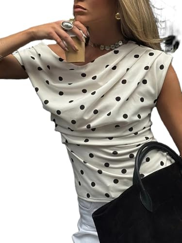 Yoisdtxc Women Off Shoulder Polka Dot Top Sleeveless Asymmetrical Ruched Tank Top (A-White, L)
