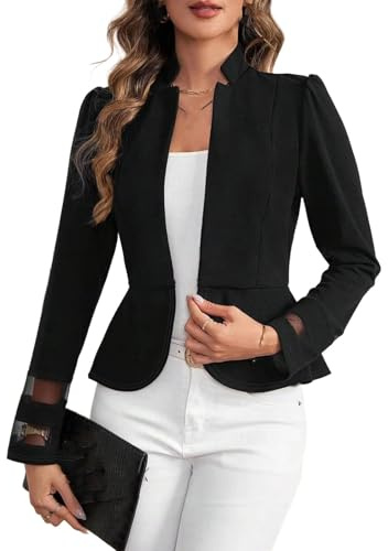 Blazer Negro con Cuello Alto para Mujer, Oficina Entallada con puños de Malla para Ropa de Trabajo Primavera Verano