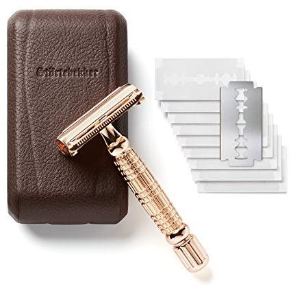 Störtebekker® Rasoio di Sicurezza in astuccio in pelle fatto a mano [con 10 lamette Störtebekker] Set di rasatura effetto vintage - Rasoio a umido di prima qualità - rasoio barba uomo (Rosa Oro-Café)