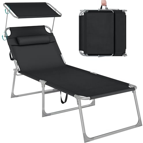 SONGMICS Bain de Soleil Grand, Chaise Longue Pliable, Transat, 200 x 71 x 38 cm, Capacité de Charge 150 kg, avec Pare-Soleil et Dossier Inclinable, pour Jardin, Piscine, Terrasse, Noir GCB22BK