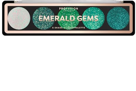Profusion Cosmetics 5 Shade Glitter Eyeshadow Palette - Vibrant Pressed Pigments with Built-In Primer and Dazzling Shine for Long-Wearing Sparkle Makeup Looks (Emerald Gems)