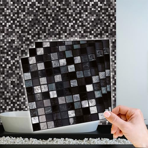 WALPLUS 48 PCS 15cm (6) Marquina Metallic Black & White Marble Mosaic Tile Stickers | Peel and Stick Self-Adhesive Wall Tiles for Kitchen & Bathroom Backsplash and Tile Makeover
