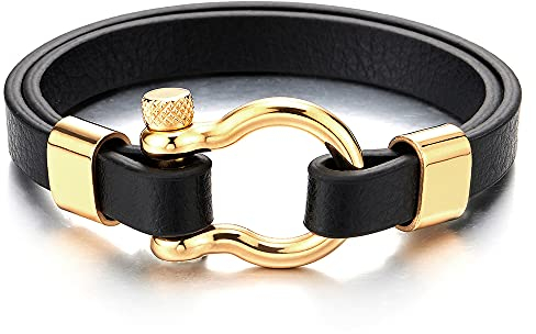 COOLSTEELANDBEYOND Oro Acero Tornillo Grillete del Ancla, Pulsera del Abrigo Dos Filas Negro Cuero Hombre Mujer, Náutico Marinero Tejido