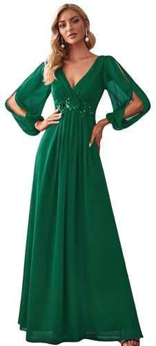 Ever-Pretty Robe Mère de Mariée Grande Taille Femme Longue Manche Longue Col V en Mousseline Applique Plissé Vert Foncé 42