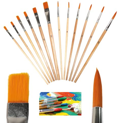 Set di Pennelli per Dipingere, Pennelli per Pittura 12 Pezzi, 6 Punta Tonda e 6 Punta Piatta, per Artisti, Principianti Adulti e Bambini, Amanti della Pittura, Acrilico e Acquerello