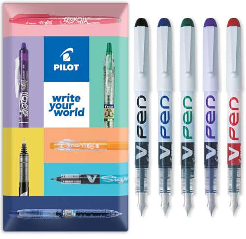 PILOT V PEN - Erasable Disposable Fountain Pen - 0.6mm Nib Tip - Medium Line - In Envelope Gift Packaging - Pack of 5 - Black, Blue, Red, Green & Violet