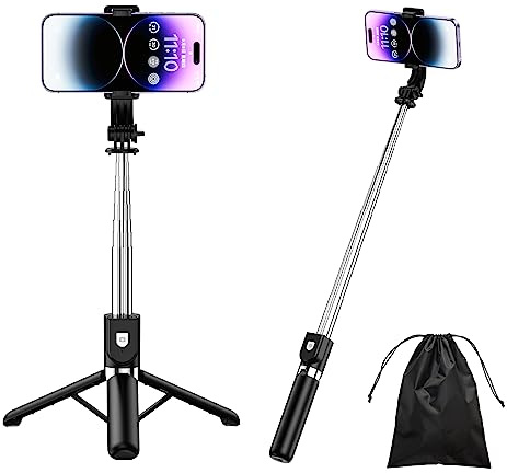 H.May Bastone Selfie Treppiede, 4 in 1 Stabile Treppiede, 110cm Selfie Stick Estensibile con Telecomando Wireless Rimovibile Compatibile con iPhone Galaxy Smartphone Gopro Camera, Nero