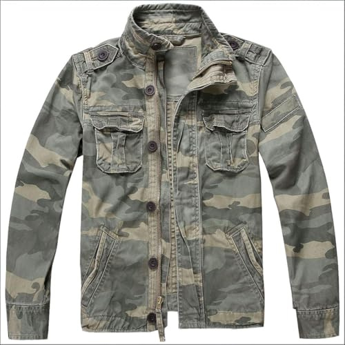 Admitted &Feeling Men's Washed Cotton Military Jackets,Camo Jacket for hunting Lightweight Cargo Coat Casual Outerwear Bomber Army Fatigue Retro Hiking Outdoor(l, Green Camo)