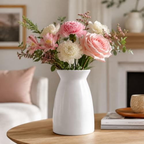 hjn White Flower Vase- Ceramic Vase for Decor, White vase for Flowers, Modern Vases for Living Room/Home Decor Accents/Entryway/Mantel/Bookshel