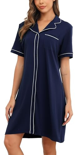 Wikoan Camicie da Notte Donna in Cotone, Camicia da Notte Allattamento Scollo a V Camicie Corta Bottoni Davanti Camicie da Notte Donna,Blu Marino,S