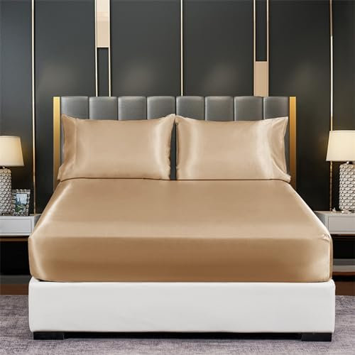 Tospass Satin Spannbettlaken 140x200cm Boxspringbett Topper Khaki Luxus Seide Glanzsatin Spannbetttuch Glatt Leintuch Weiche Microfaser Bettlaken für Matratze bis 15-30cm Hohe