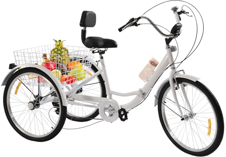 Konfiur fällbar cykel trehjuling, 24 tum 7-växlad trehjuling för vuxna, justerbara stadscyklar med vattenkopphållare, shoppingcykel lastcykel, Cruise stadscyklar för rekreation picknick resor, vit