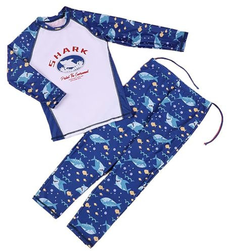 Sywiyi Kinder Jungen Badeanzug Zweiteiliger Schwimmanzug Langarm Oberteil Lange Hose mit Kartoon Muster Sommer Badebekleidung Marineblau_Hai Muster 146-152
