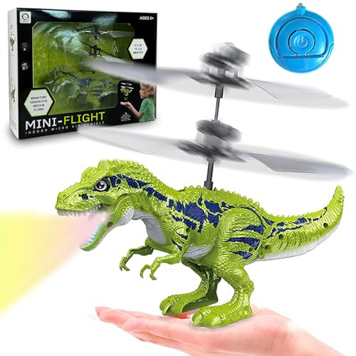 Xwin 15cm Remote Control Dinosaur Helicopter, Mini Flying RC Toy with LED Lights, Rechargeable Battery, Hand Sensor Control, Fun Dinosaur Flight Toy for Kids Ages 8+ Years