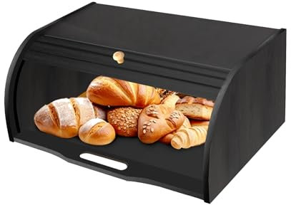 SG Traders Roll Top Bamboo Bread Bin, Eco-friendly Kitchen Storage Bread Box with Lid for Optimal Freshness Natural, Organic Design, and Sustainable Food Storage Solution (Black)