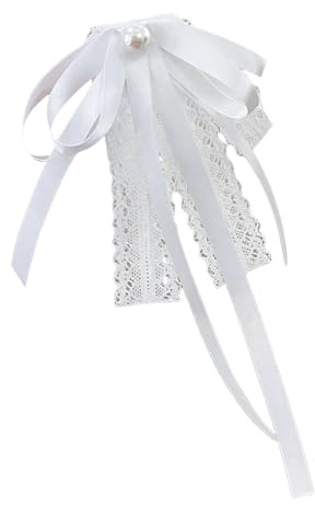 alloneslife Papillon a nastro, da donna, in pizzo, con fiocco, spilla per uniforme studentesca, colletto jabot, con perle, pre-annodato, cravatta a clip (bianco), bianco, See size chart