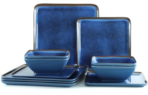 Golonger Juego de vajilla de melamina, 12 platos cuadrados y cuencos de 4, juego de platos irrompibles para uso en exteriores, juego de vajilla ligero para camping, patio y caravana, apto para