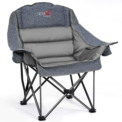 RELAX FIELD Extra stor campingstol, vikbar, stoppad campingstol, klappstol, camping, fiskestol, upp till 227 kg belastbar, grå