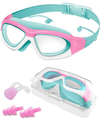 Zumhigh Kids Swimming Goggles 6-14 Years, Anti-Fog Anti-UV, Leak-Proof, Adjustable Silicone Swimming Goggles for Boys & Girls, Wide Clear View, Comfortable Fit, with Ear & Nose Plug (Lake Blue-Purple)