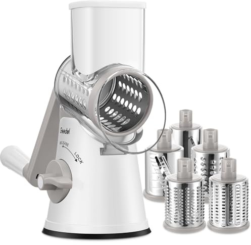 Geedel Käsereibe mit Kurbel, Gemüsehobel mit 5 Edelstahl Austauschbaren Trommelklingen, Starkem Saugfuß, Schnelles Schneiden, Gemüseschneider für Käse Karotten Kartoffel Nüsse usw. Weiß