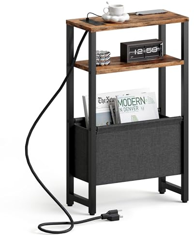 IRCPEN Narrow Side Table with Charging Station Slim End Table Sofa with Magazine Rack, Bedside Table for Small Spaces, 3 Tier Nightstand for Living Room Couch, Bedroom Rustic Brown LET503RE