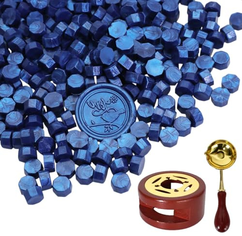 300 Perles de Cire à Sceller, Cachet de Cire avec Chauffe-Cire & Cuillère de Fusion – Kit de Sceau de Cire Octogonal pour Lettres, Enveloppes, Invitations de Mariage, Cartes, Emballages (Bleu)