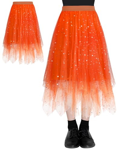AUYAO Damtyllkjol klassisk medellång balett tutu kjol oregelbunden tutu tutu kjol dam nätsömmar tutu kjolar elastisk tyllkjol hög midja kjol A-linje midikjol stjärnhimmel (orange)