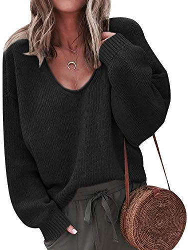 Col V Femme Chandail Maille Tricot Pull Torsadé Oversize Epais Grosse Maille Fine Torsadée Ample Chaud Noir XL Pull Grosses Mailles Manche Longue Sweat Joli Loose Simple Hiver