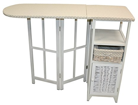 Mobile da stiro in vimini e legno bianco. Pieghevole. Bianco. Decorazione (110 x 36 x 87)