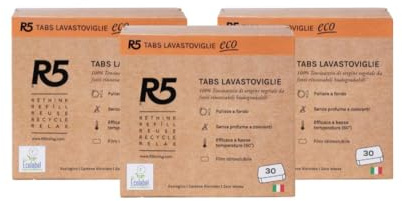R5, Eco Tabs Lavastoviglie, 90 Pastiglie Lavastoviglie, con Tensioattivi di Origine Vegetale, Certificate Ecolabel, Made in Italy, 3 x 30 Pods
