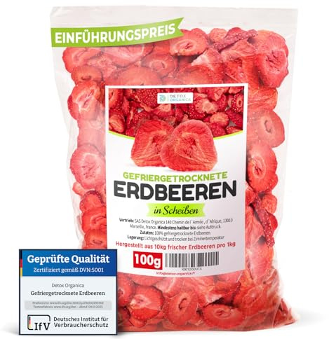Detox Organica GEFRIERGETROCKNETE ERDBEEREN, 100g Früchte in Scheiben, 100% Trockenfrüchte - natürlich und ohne Zusatz von Zucker oder Zusatzstoffen