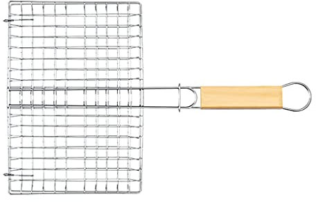 Tragbarer Grillkorb, Gemüsekorb, Grillrost, Fischbräter, Edelstahl-Bräter mit Holzgriff für Braten, Fisch, Gemüse, Garnelen, Meeresfrüchte
