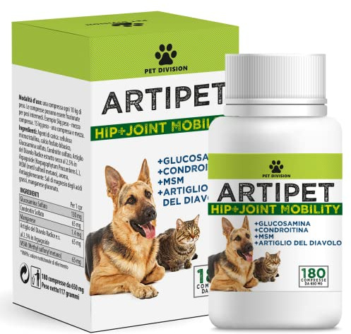 Artipet, integratore per articolazioni cani | 180 compresse da 550mg con MSM, Artiglio del Diavolo, Condroitina, Glucosamina | per cani e gatti di tutte le taglie | Fornitura 6/9 mesi, Fatto in Italia