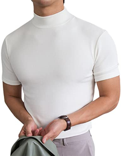 Mens T Shirt Short Sleeve Basic Mock Turtleneck Casual Slim Fit Undershirt Pullover Thermal Solid Tops Christmas Birthday Gifts, White XL