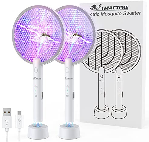 TMACTIME 2-in-1 Racchetta Zanzare Elettrica, 2X 4000V Racchetta Antizanzare, USB Base di Ricaricabile, e Lampada UV, Protezione Maglia a 3 Strati, Adatto per Casa, Giardino, Interni ed Esterni