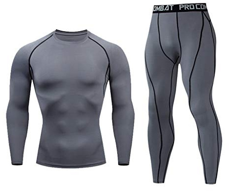 Mymyguoe Thermal Underwear Men's Sports Running Set Compression Shirt + Trousers Skin-Proof Long Sleeves Quick Dry Fitness Tracksuit Gym Yoga Warm Soft Functional Underwear, gray, M
