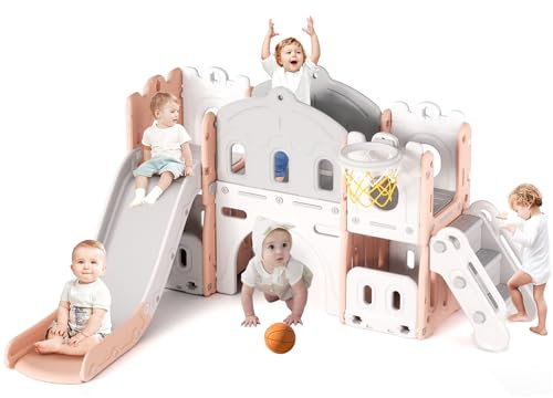 FUKEA 6-in-1 Kids Slide, Outdoor & Indoor Toddler Castle Slide Climbing Frame with Storage Box, Garden Slide Playground for Toddlers age 1-3, Birthday for Kids(Pink)