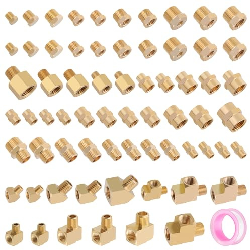 Dazakoot 68PCS Brass Pipe Fitting & Adapters Assortment Kit, NPT Adapter, Hex Nipple,Hex Coupling, Hex Head Plug, Busing,Reducer Coupling, 45 Degree & 90 Degree Street Elbow, Male Run Tee