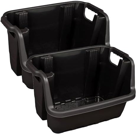 Stackable Industrial Open Fronted Black Plastic Home Warehouse Storage Organiser Stacking Crates Pack Of 2