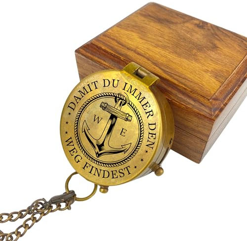 Personalisierter Kompass mit Gravur Wunschmotiv Maritim und Wunschtext Name Diverse Designs Messing Ledertasche Geschenkbox Geschenkidee (Vintage Optik)