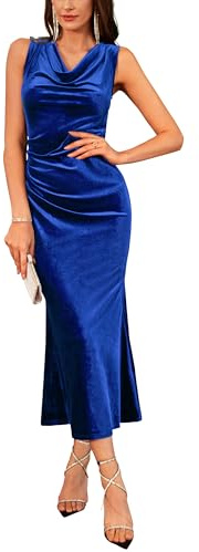 GRACE KARIN Vestidos de noche de terciopelo para mujer, sin mangas, maxi vestido envolvente, vestido de sirena con cuello de cascada para boda, azul cobalto, 38