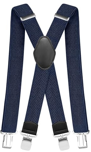 Pejoye Tirantes para hombre, 4 cm de ancho, pantalones de trabajo, resistentes, pantalones de moto, largos, espalda en X, 4 clips metálicos, ajustables y elásticos, talla única para hombre y mujer