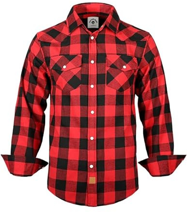 TARAINYA Camisa Franela Hombre Cuadros Western Cowboy Algodón Manga Larga con Botones Presión Regular Fit A Roja Negra búfalo S
